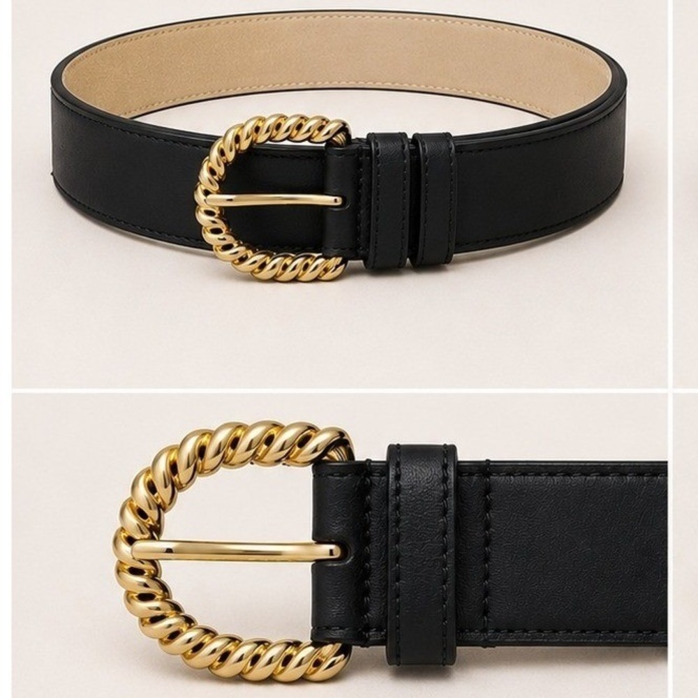 Nordstrom Vintage Black Leather Belt Gold Statement Buckle 26-30 S-M